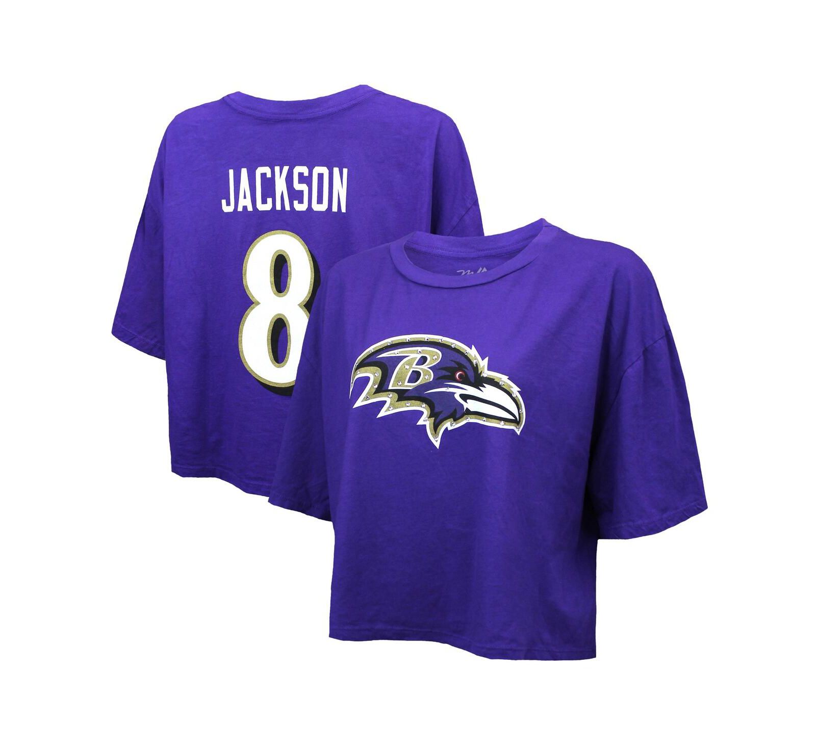 Majestic Threads Women's Lamar Jackson Purple Baltimore Ravens Swarovski Crystals Boxy Cropped Name & Number T-Shirt
