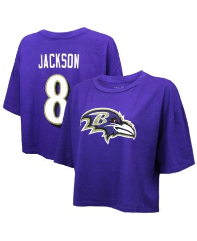 Majestic Threads Women's Lamar Jackson Purple Baltimore Ravens Swarovski Crystals Boxy Cropped Name & Number T-Shirt