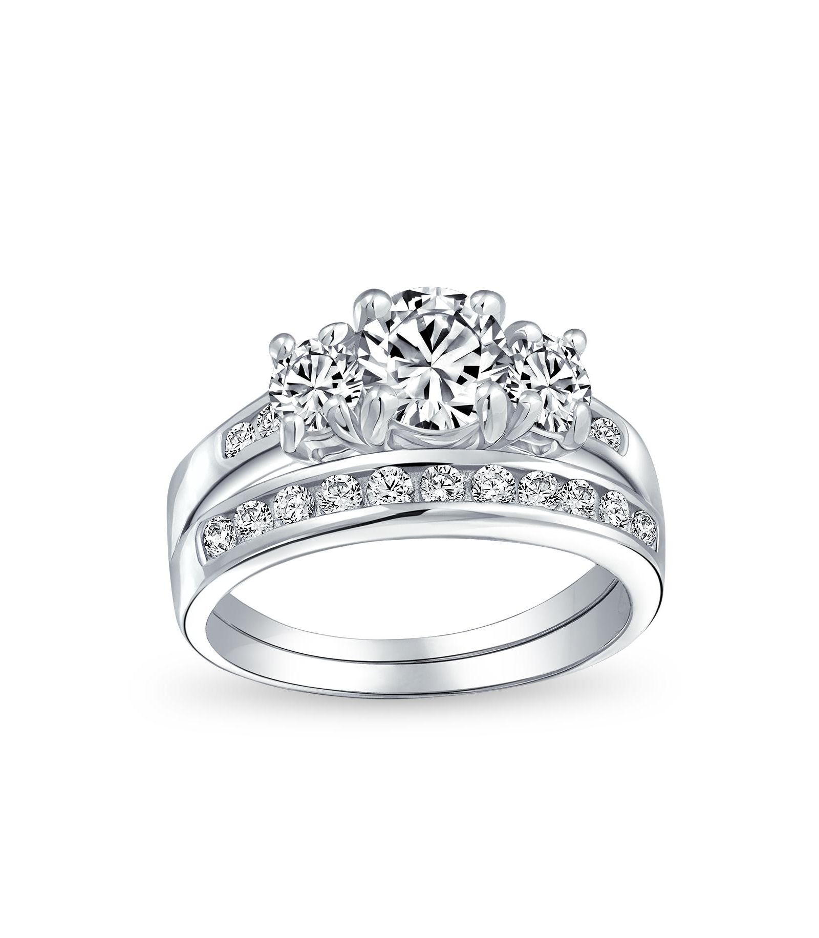 Комплект обручальных колец Bling Jewelry Classic 3CT Round 3 Stone CZ Past Present Future из стерлингового серебра