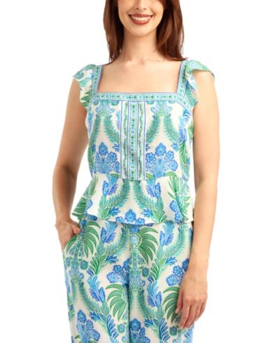 BCX Women's Printed Flutter-Sleeve Square Neck Top