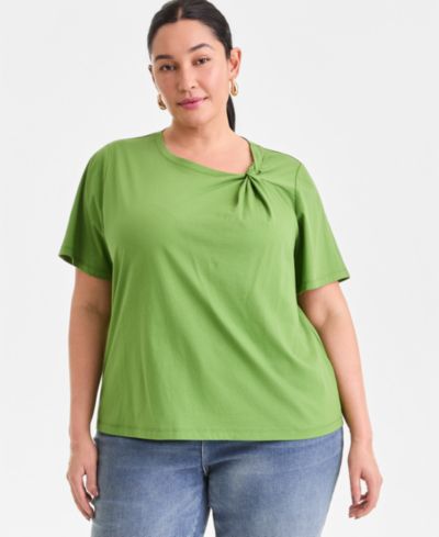 I.N.C. International Concepts Plus Size Cotton Short-Sleeve Knot Top, Created for Macy's