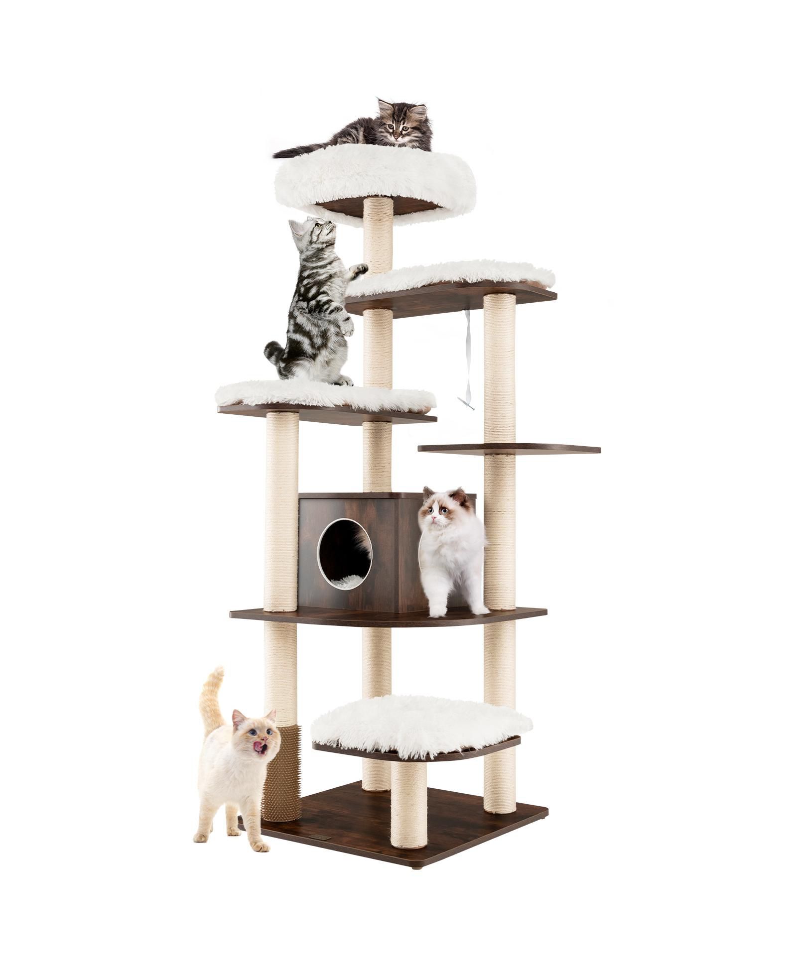 SKONYON 7-Layer Wooden Cat Tree Tall Cat Tower with Sisal Posts and Condo