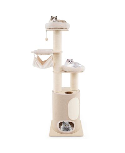 SKONYON 74 Inches Tall Wooden Cat Tower Tree with 2-Story Cat Condo and Washable Cushions