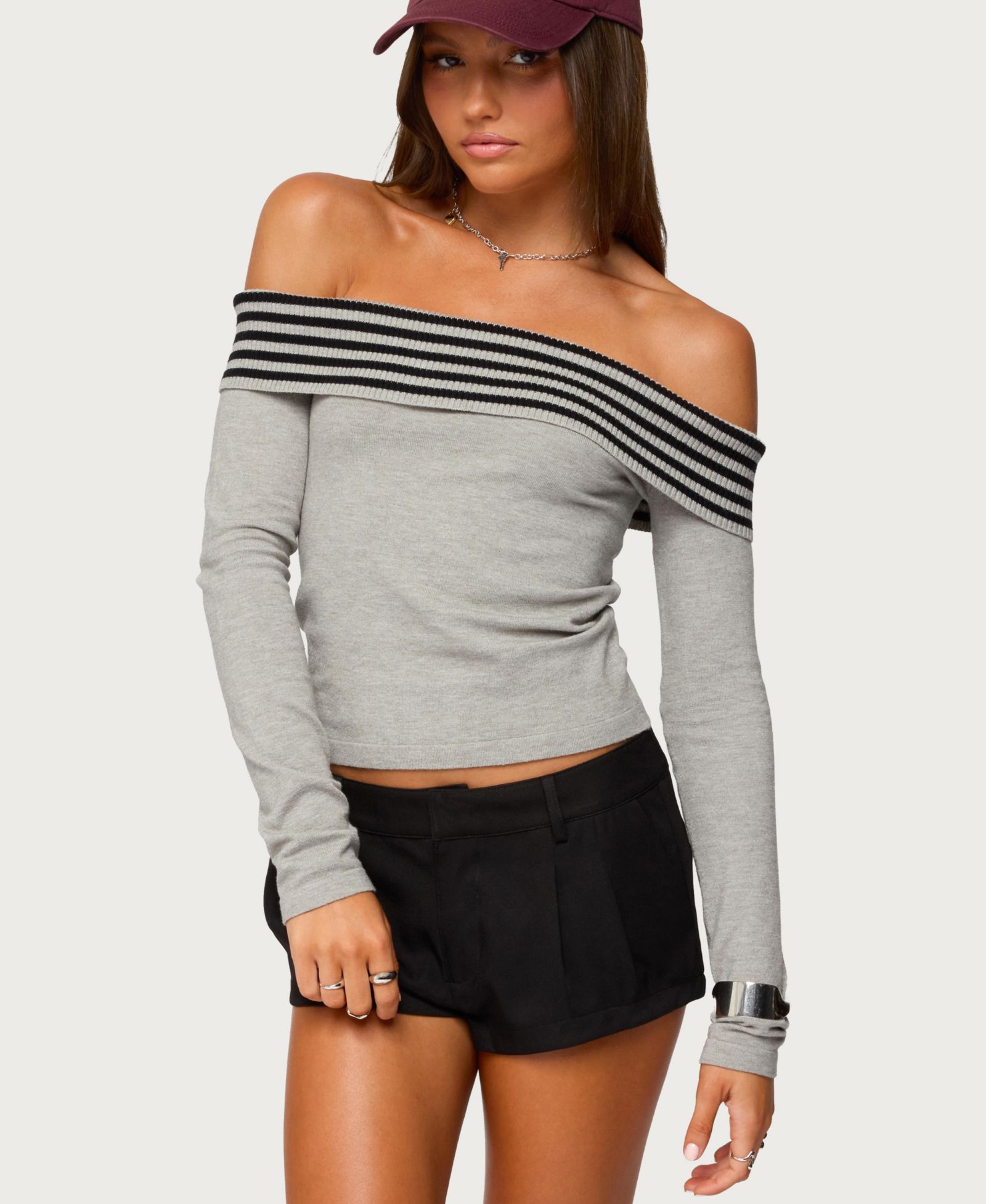 Edikted Women's Leetal Stripey Foldover Knit Top