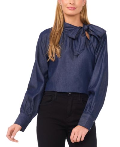 CeCe Women's Long Sleeve Tie Neck Top