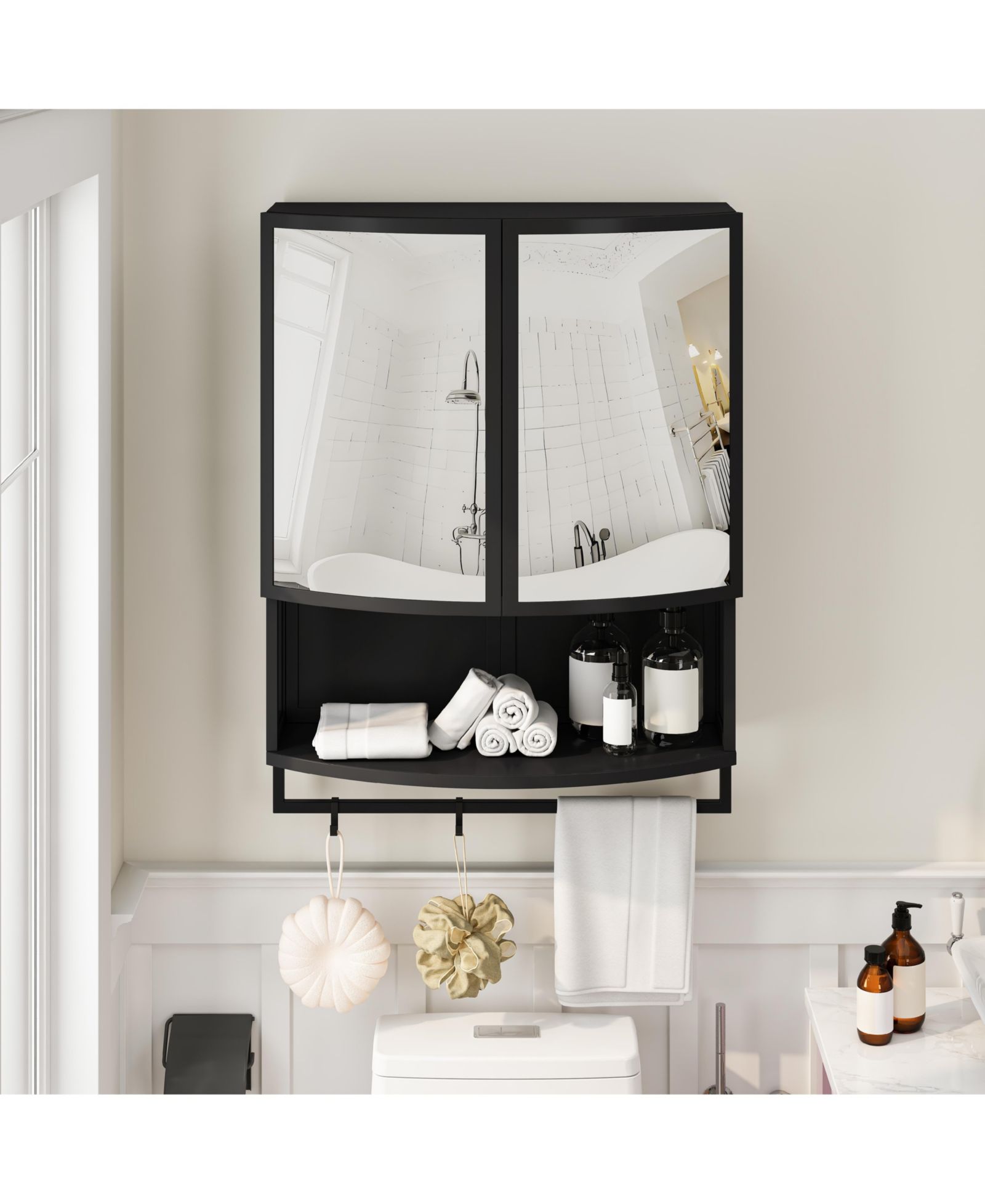 CASAINC 23.62" Modern Arched Glass Double-Door Wardrobe with Shatterproof Mirror, Double-Layer Storage and Towel Rack