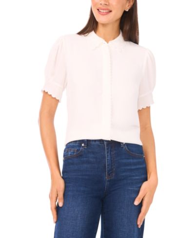 CeCe Women's Scallop Button-Down Short-Sleeve Top