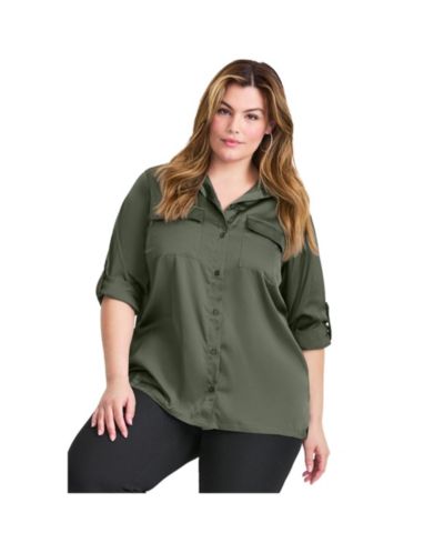 Avenue Women's Plus Size Sateen Utility Shirt