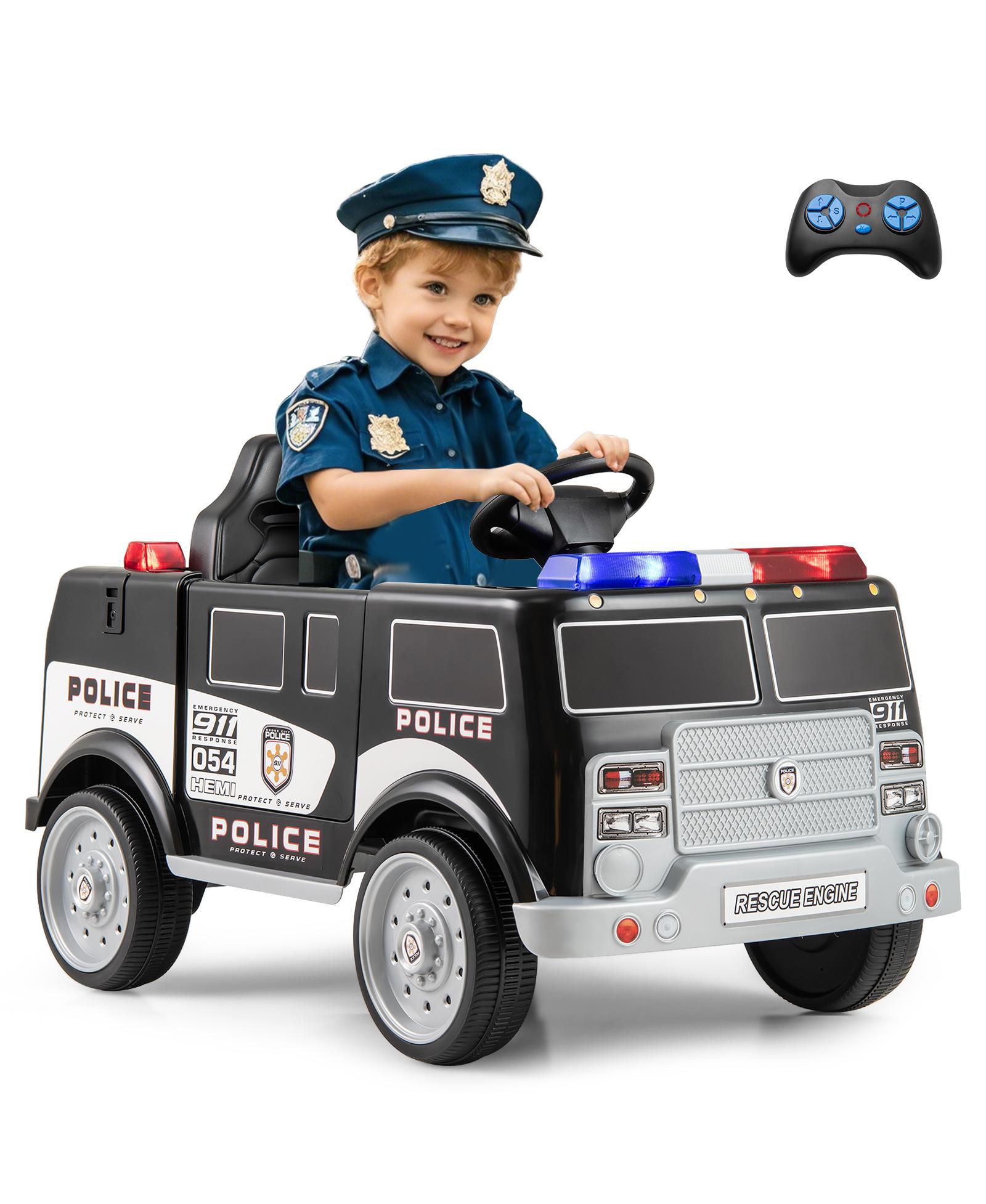 Sugift 12V Battery Powered Electric Remote Control 3-Speed Ride-On Police Car, Ages 3+
