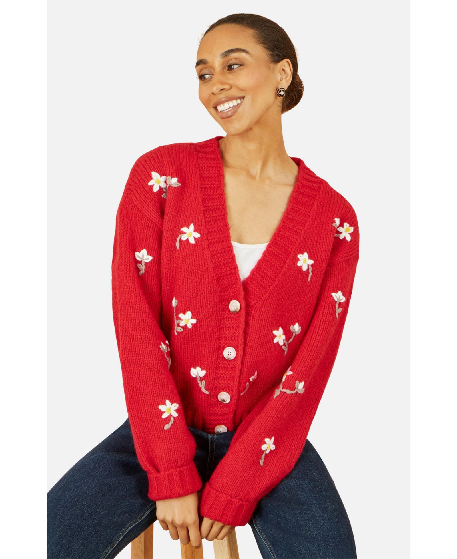 Yumi Women's Hand Embroidered Chunky Knitted Cardigan