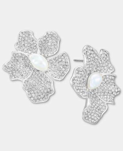 Серьги I.N.C. International Concepts Crystal & Imitation Pearl Flower Button