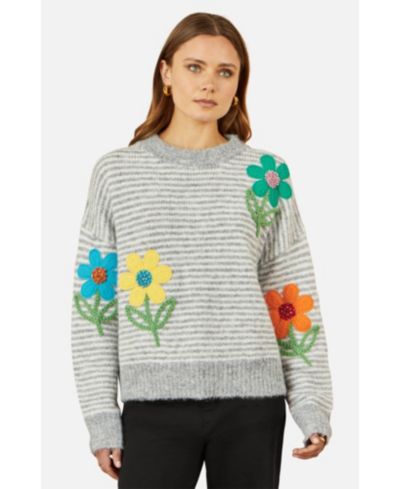 Yumi Women's Striped Floral Relaxed Fit Sweater