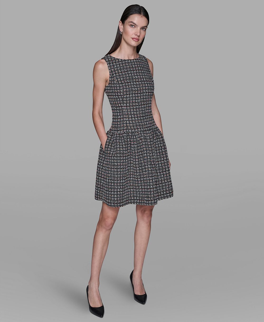 KARL LAGERFELD PARIS Women's Mini Grid Nubby Tweed Sheath Dress