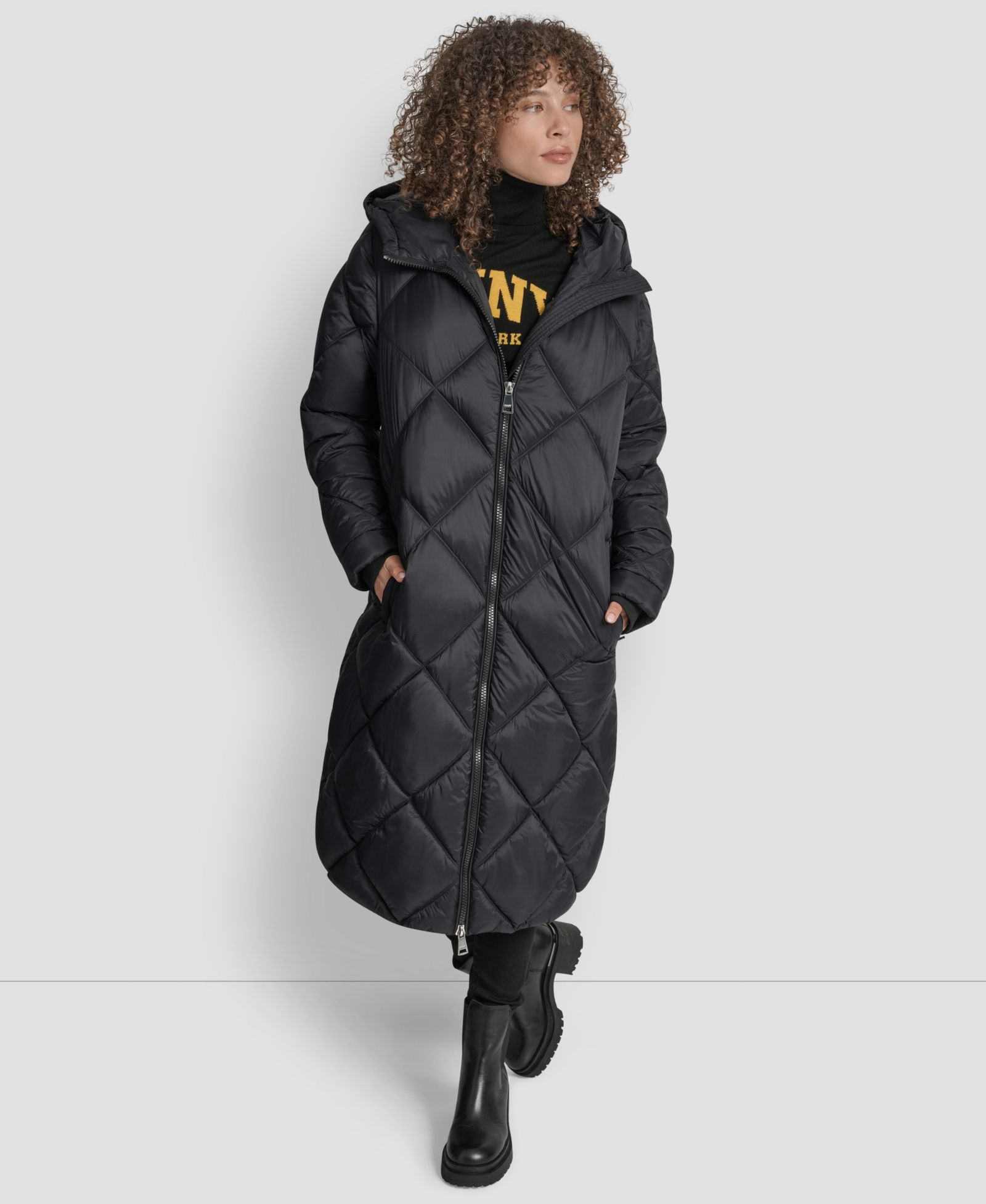 DKNY Women's Diamond Quilted Hooded Puffer Coat