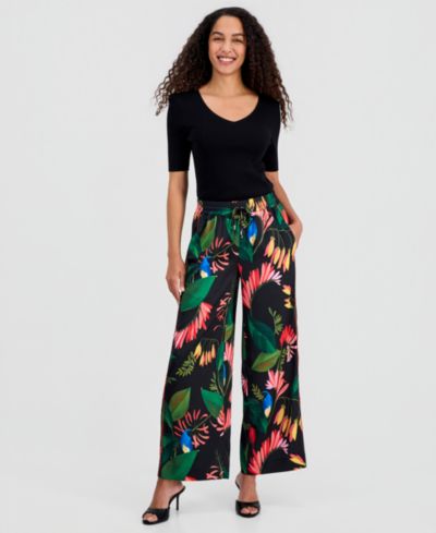 T Tahari Women's Floral Wide-Leg Pull-On Pants