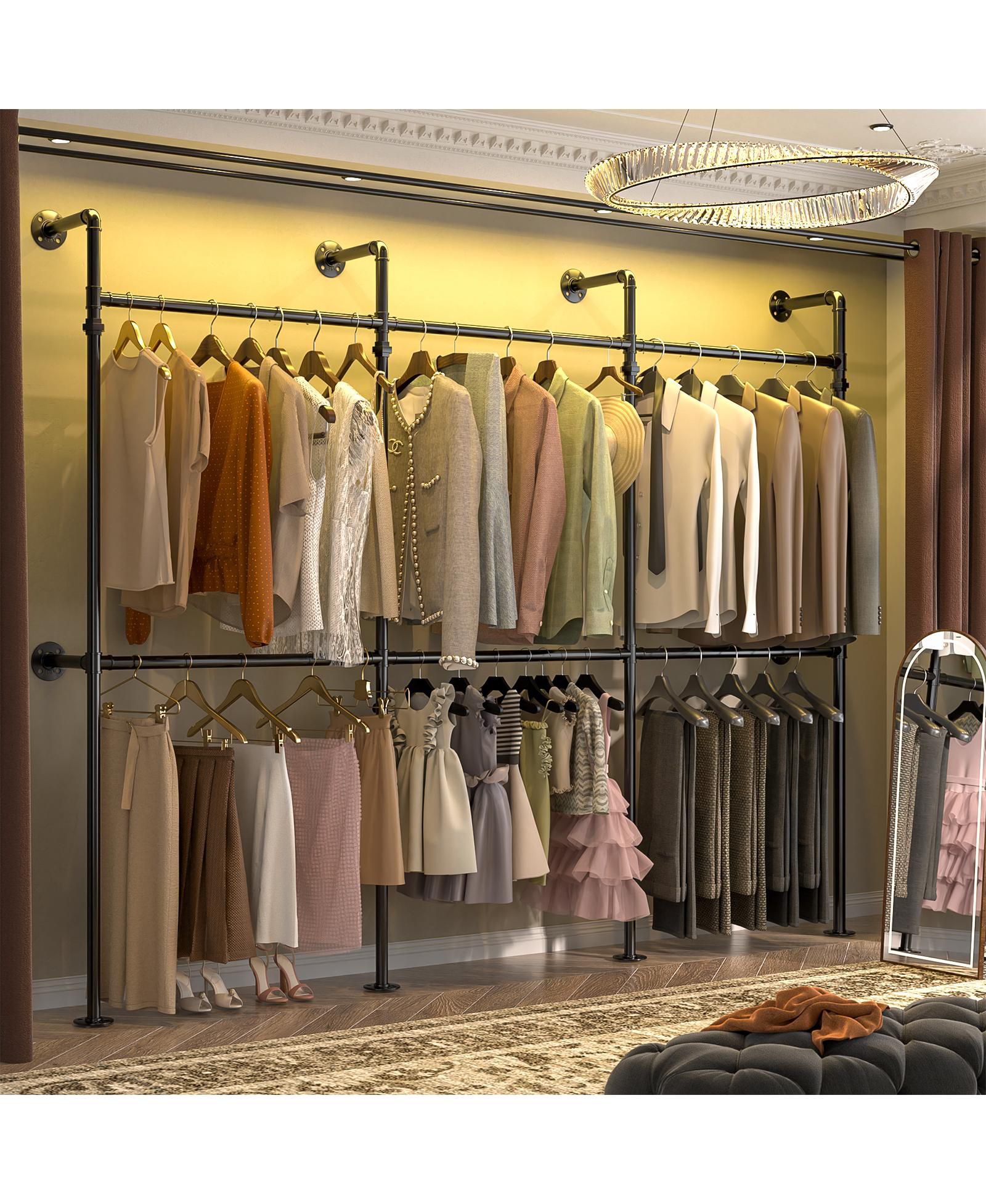 Aheaplus 3.5-13.5 FT Reversible Wall Mounted Industrial Metal Pipe Clothing Rack for Hanging Clothes