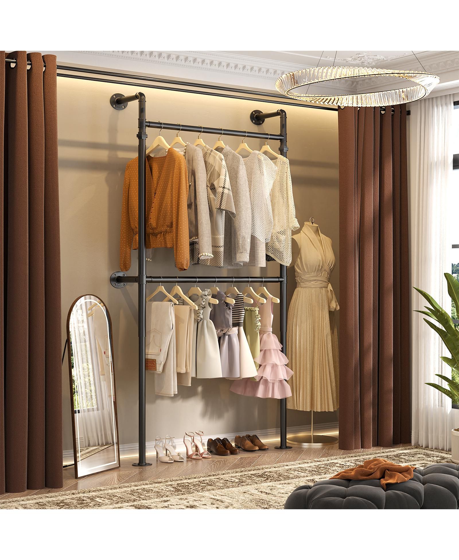 Aheaplus 3.5-13.5 FT Reversible Wall Mounted Industrial Metal Pipe Clothing Rack for Hanging Clothes