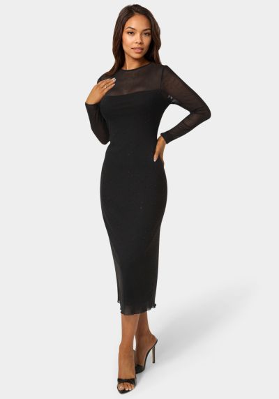 Bebe Women's Rhinestone Mesh Long Sleeve Maxi Dress
