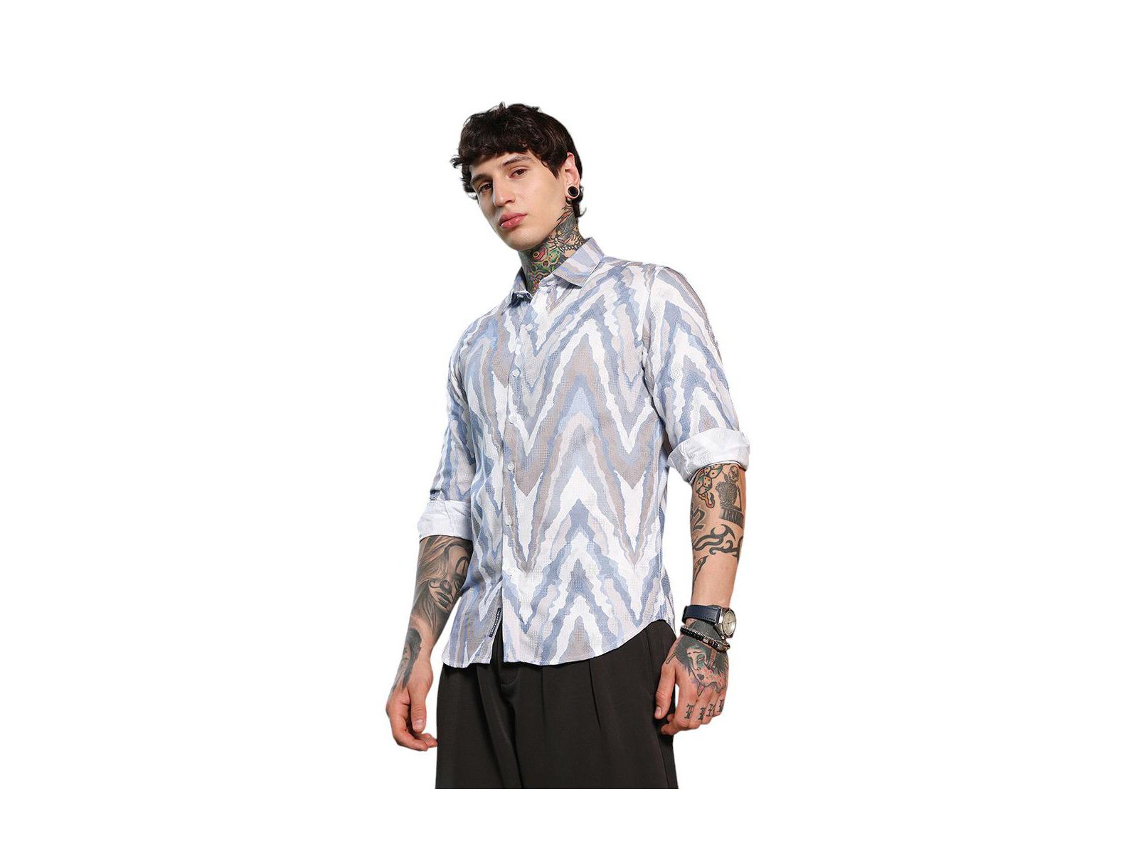 Мужская рубашка Campus Sutra Icy Blue:Cream White Pastel-Geometric Jacquard