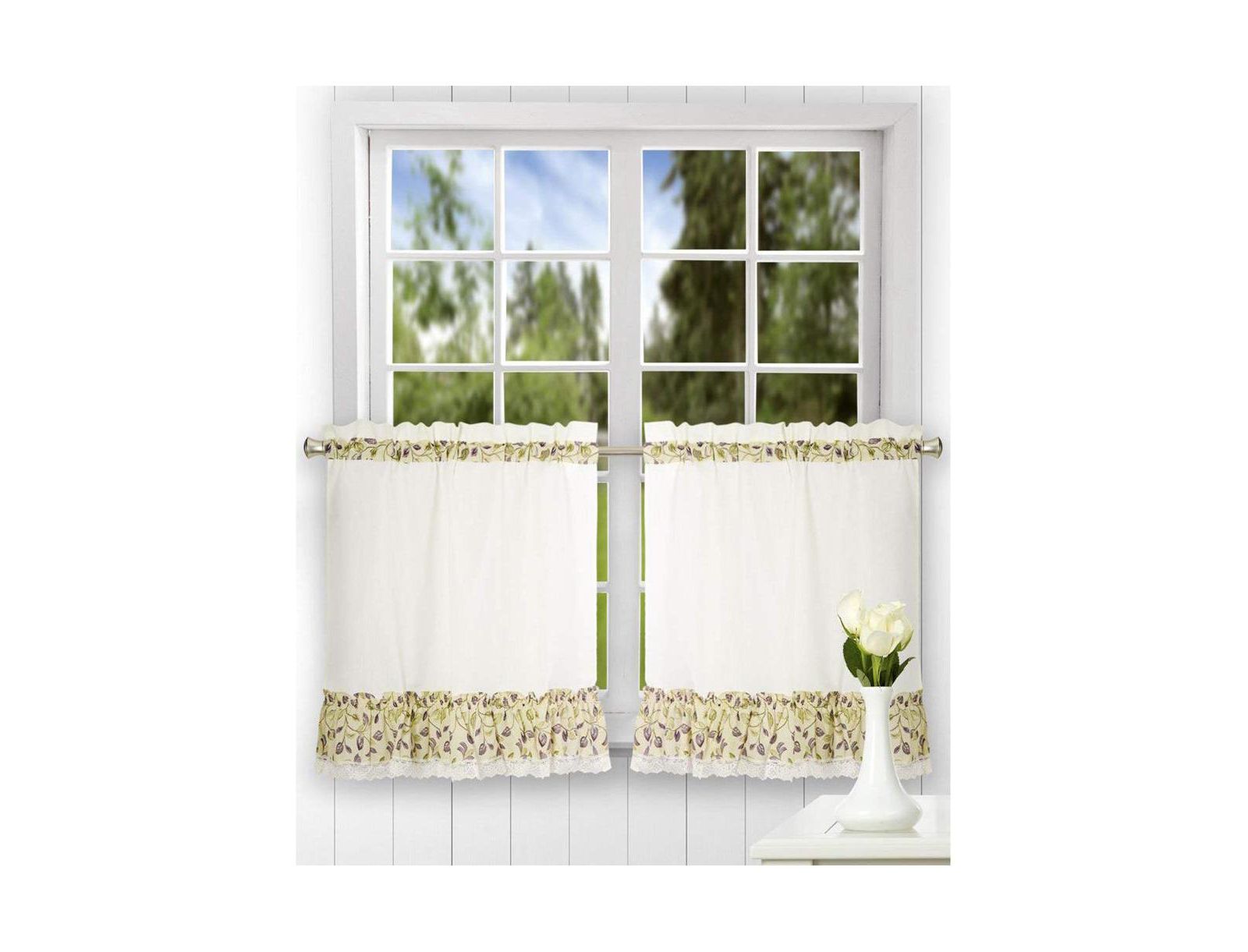Ellis Curtain Clarice High Quality 2-Piece Leafy Branch Patterned Ruffled Tier Pair Window Curtains