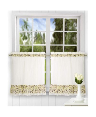 Ellis Curtain Clarice High Quality 2-Piece Leafy Branch Patterned Ruffled Tier Pair Window Curtains