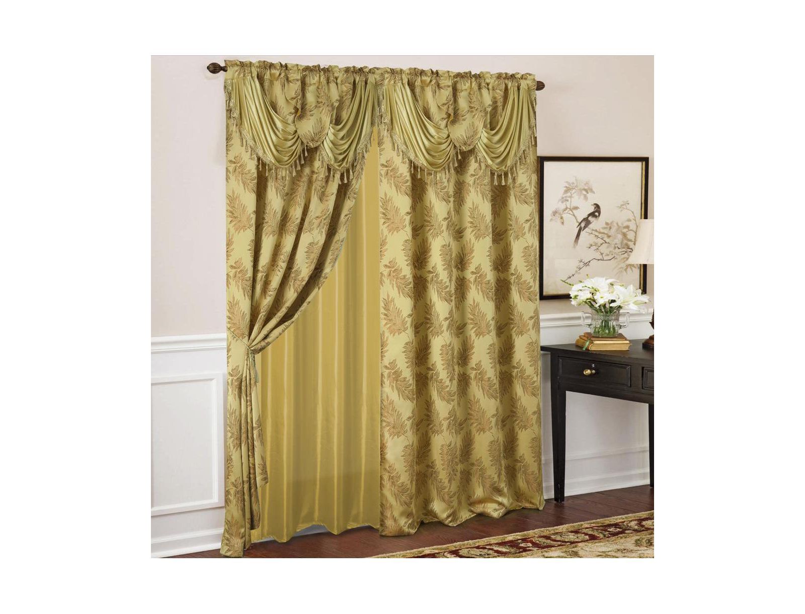 Olivia Gray Ramallah Trading Palm Floral Textured Jacquard Single Rod Pocket Curtain Panel - 54 x 84, Gold