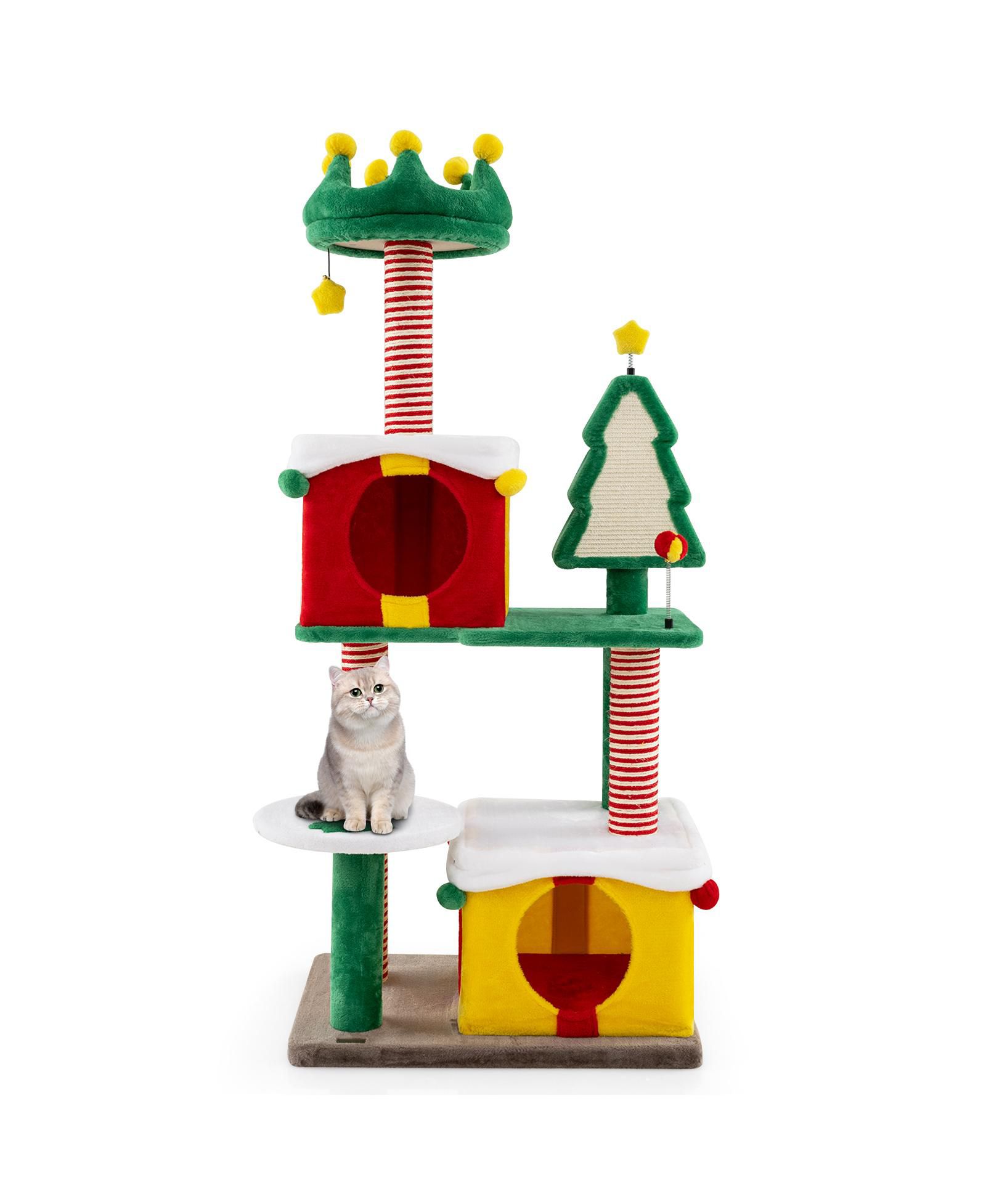 SKONYON 61" Christmas Cat Tree Tower - Plush Multi-Level Indoor Cat Furniture with Gift Box Condos, Hat Perch, Sisal Scratching Posts & Toys