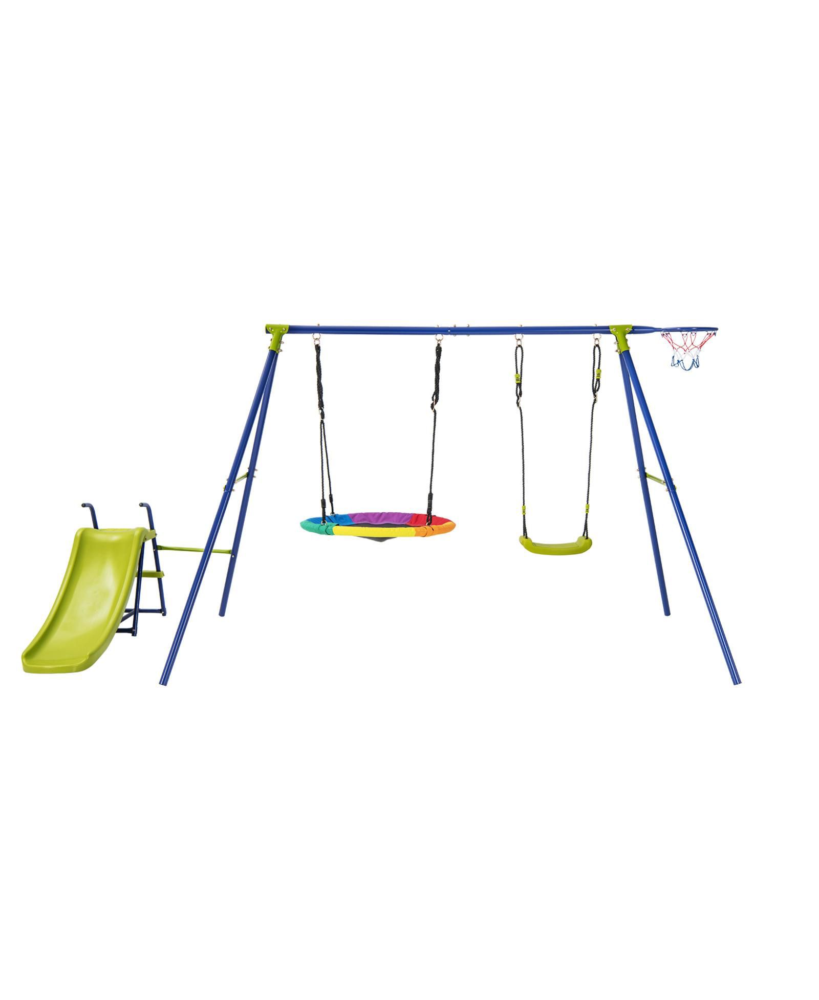 Skonyon 4-in-1 Adjustable Metal Playset with Slide, Basketball Hoop & Swings, Ages 3-12