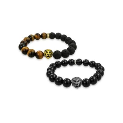 Bling Jewelry Lion Onyx Tiger Eye Gemstone Bead Strand Stretch Bracelet Gold Plated Set-2