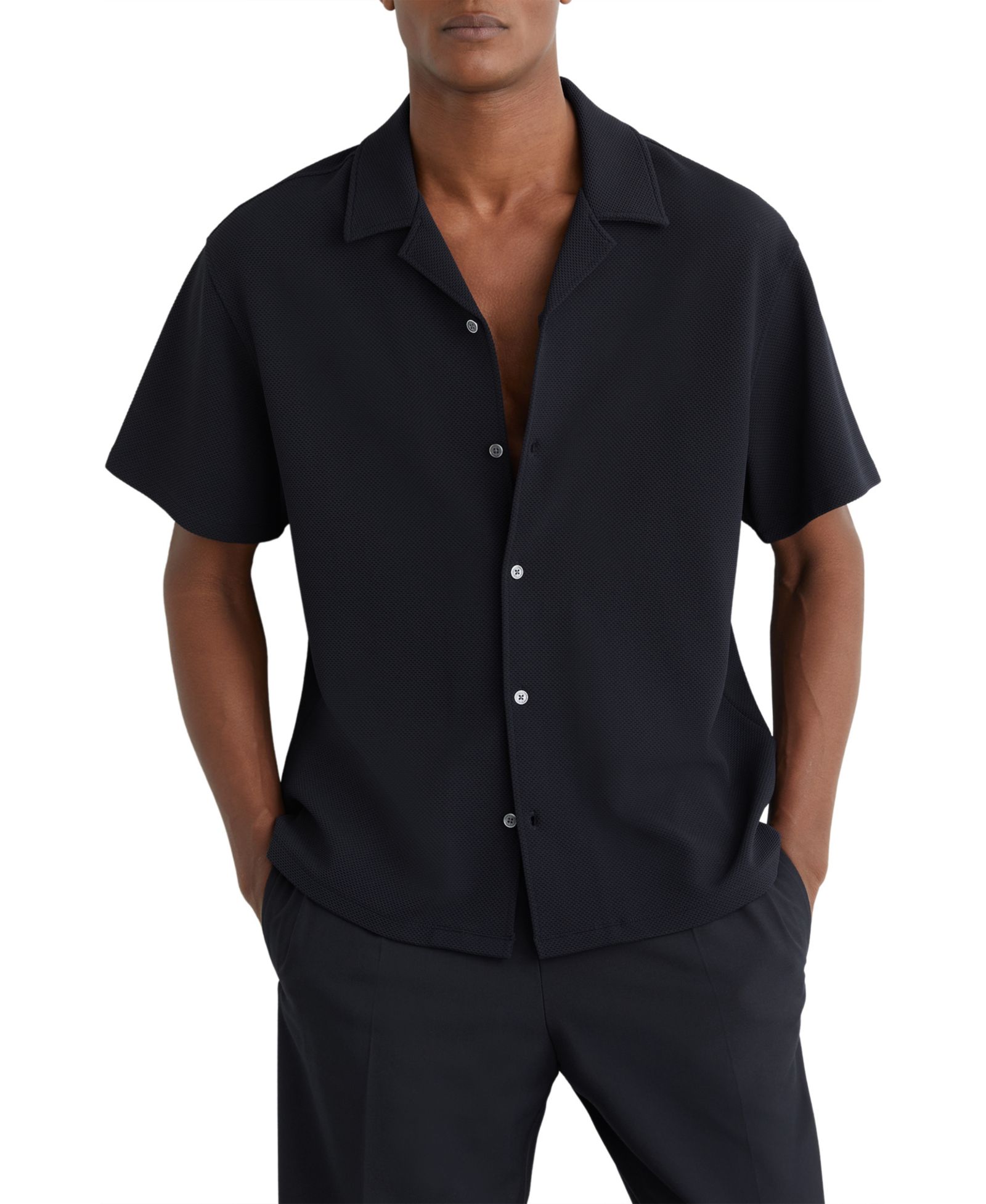 REISS Men's Cedric Textured Cuban-Collar Shirt