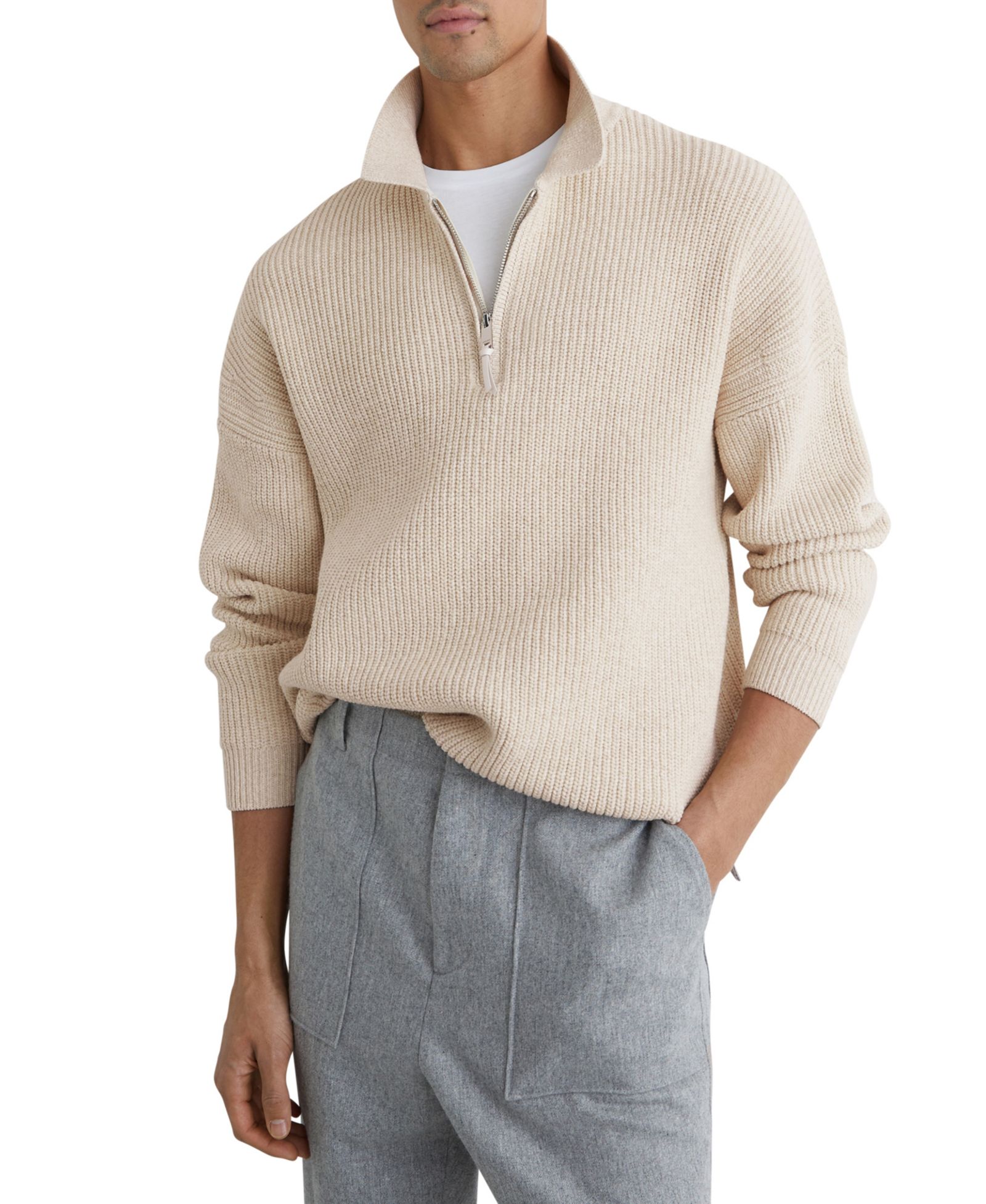 REISS Men's Prop Cotton-Blend Rib Half-Zip Polo Sweater