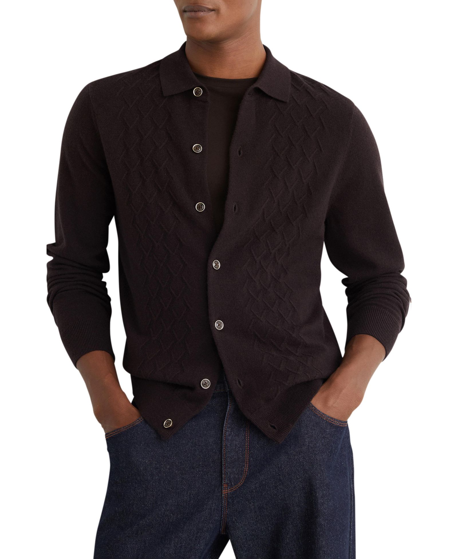REISS Men's Gideon Wool Stitch-Detail Button Sweater