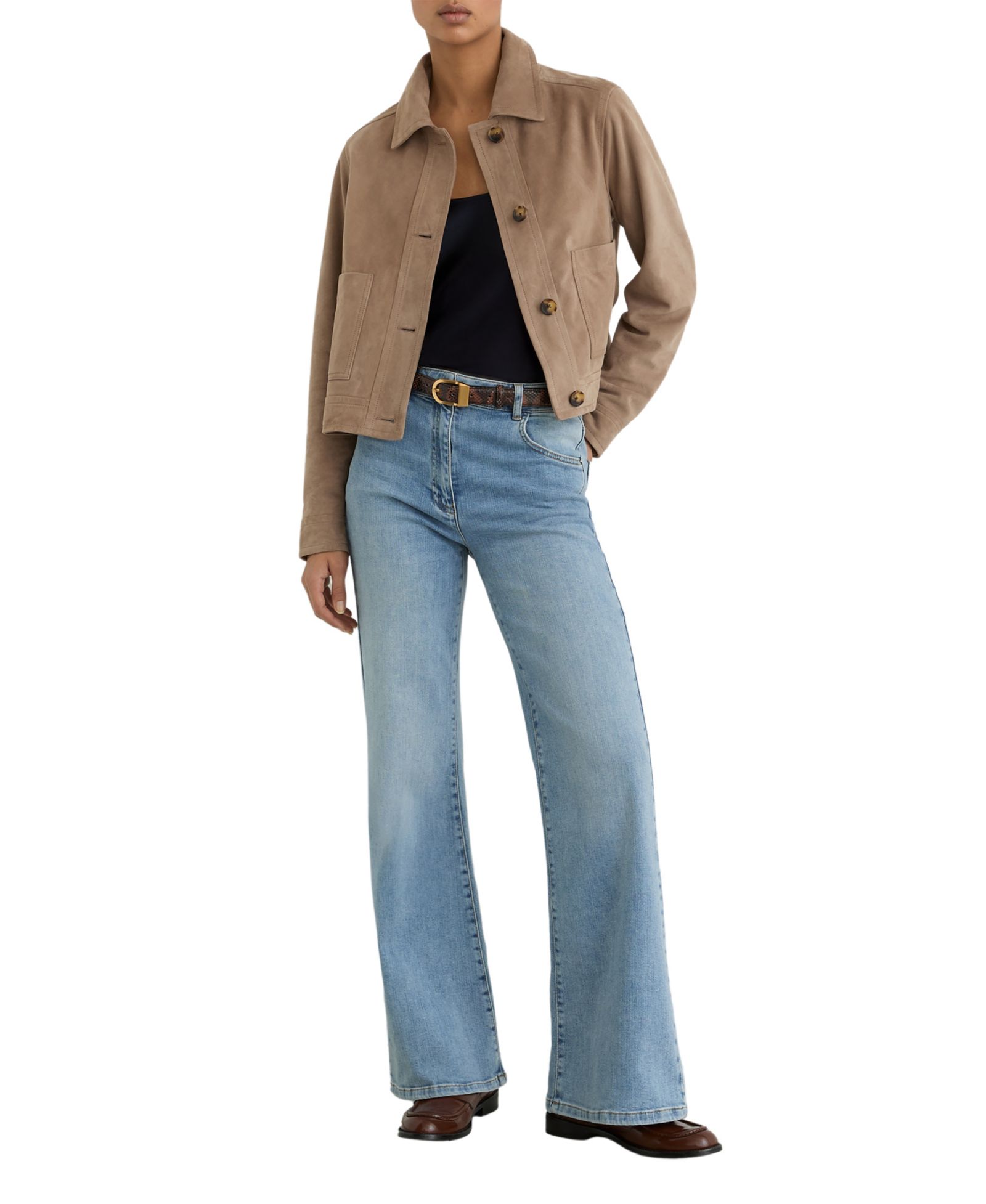 REISS Women's Suede Cropped Trucker Jacket