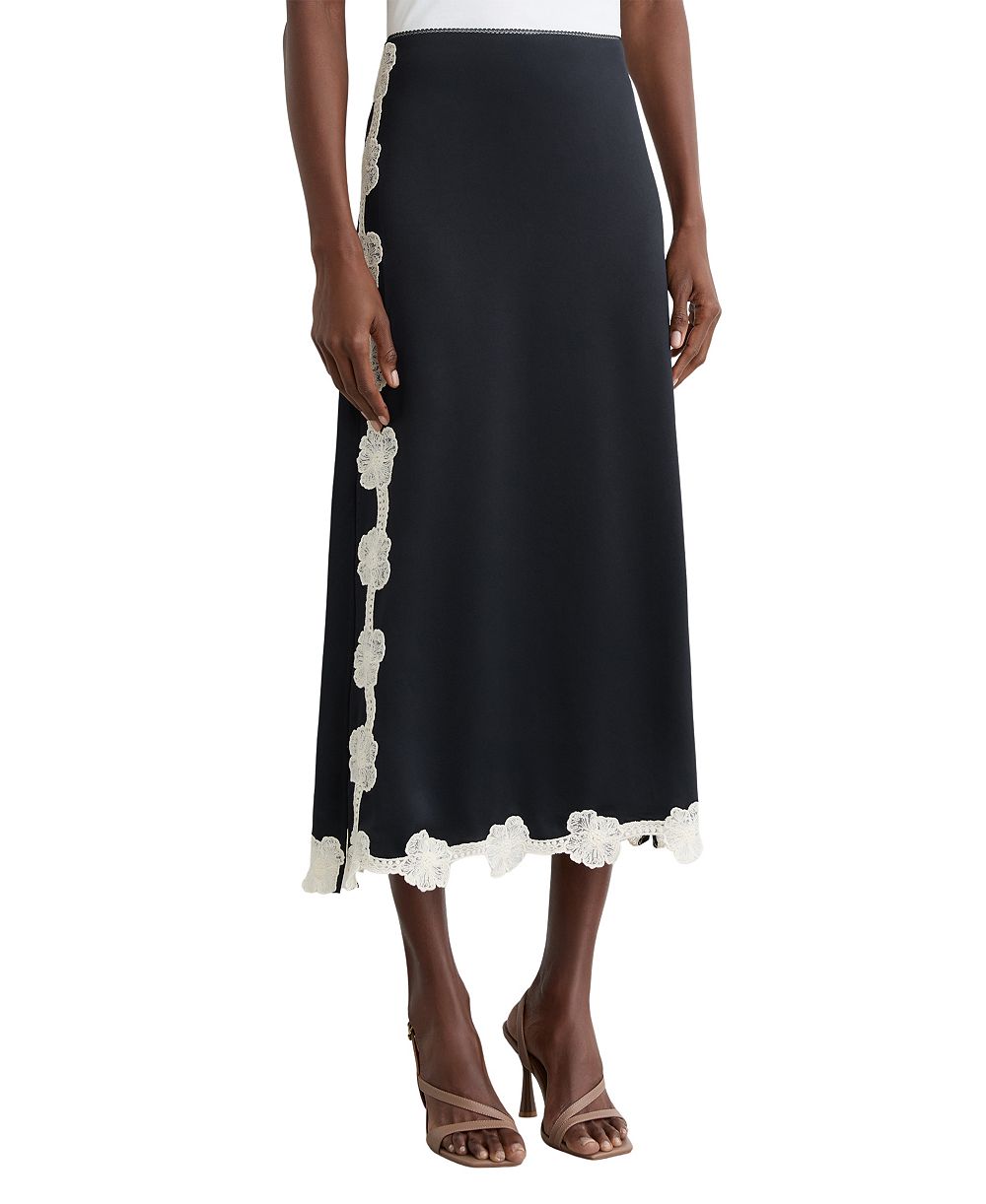 REISS Women's Doa Satin Floral-Lace Trim Midi Skirt