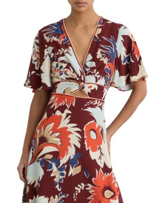 REISS Women's Asha Floral-Print Cut-Out Midi Dress