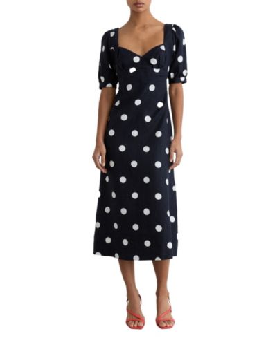 REISS Women's Astrid Linen Puff-Sleeve Polka-Dot Midi Dress