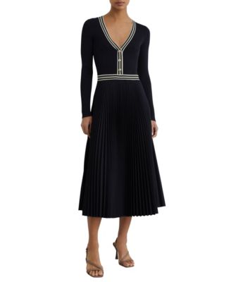 REISS Women's Rib-Knit Stripe-Trim Pleated Midi Dress