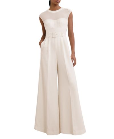 REISS Women's Alba Sheer-Panel Wide-Leg Belted Jumpsuit