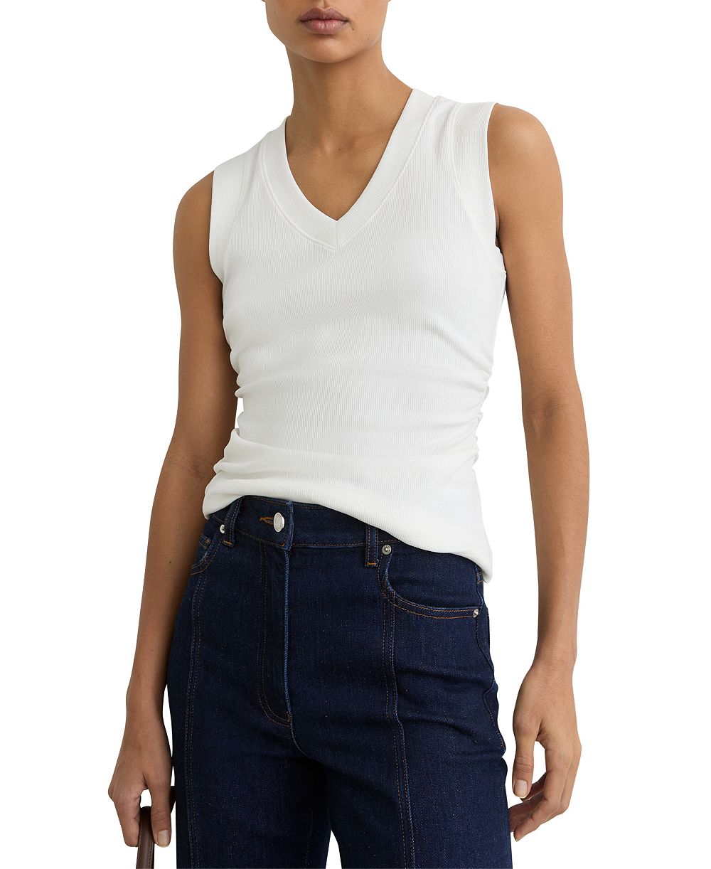 REISS Women's Sandy V-Neck Ruched Ribbed Tank Top