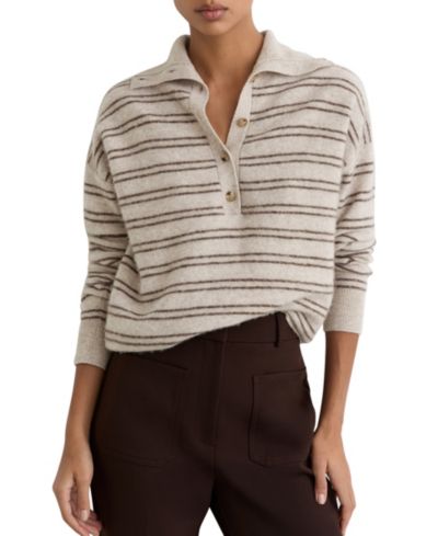 REISS Women's Evana Wool-Cashmere Stripe Buttoned Jumper