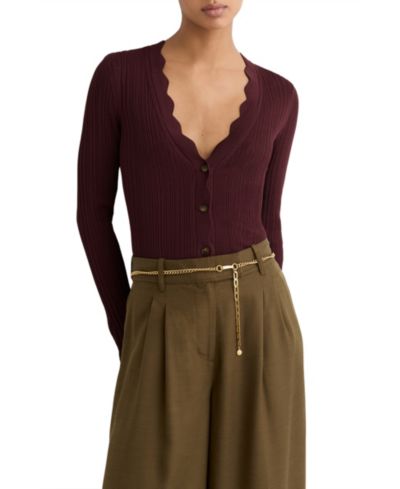 REISS Women's Vinny Rib-Knit Scallop-Trim Cardigan