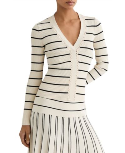 REISS Women's Lauralee Stripe Craft-Stitch Rib-Knit Top