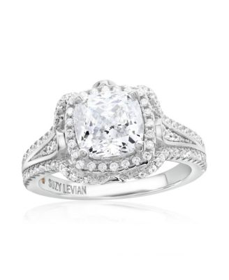 Suzy Levian Sterling Cubic Zirconia Cushion Cut Center Stone Lotus Ring