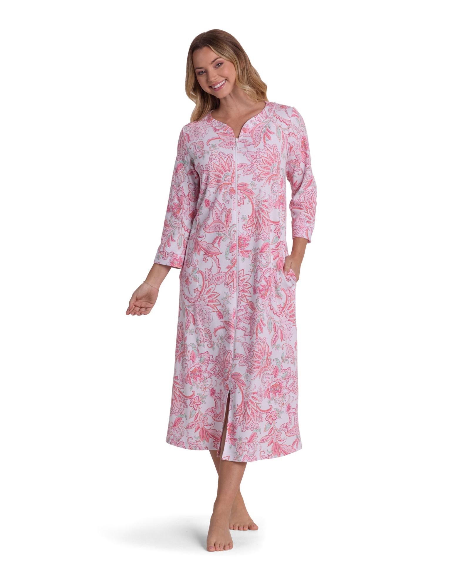 Miss Elaine Women's Long-Sleeve Printed Long Zip Robe
