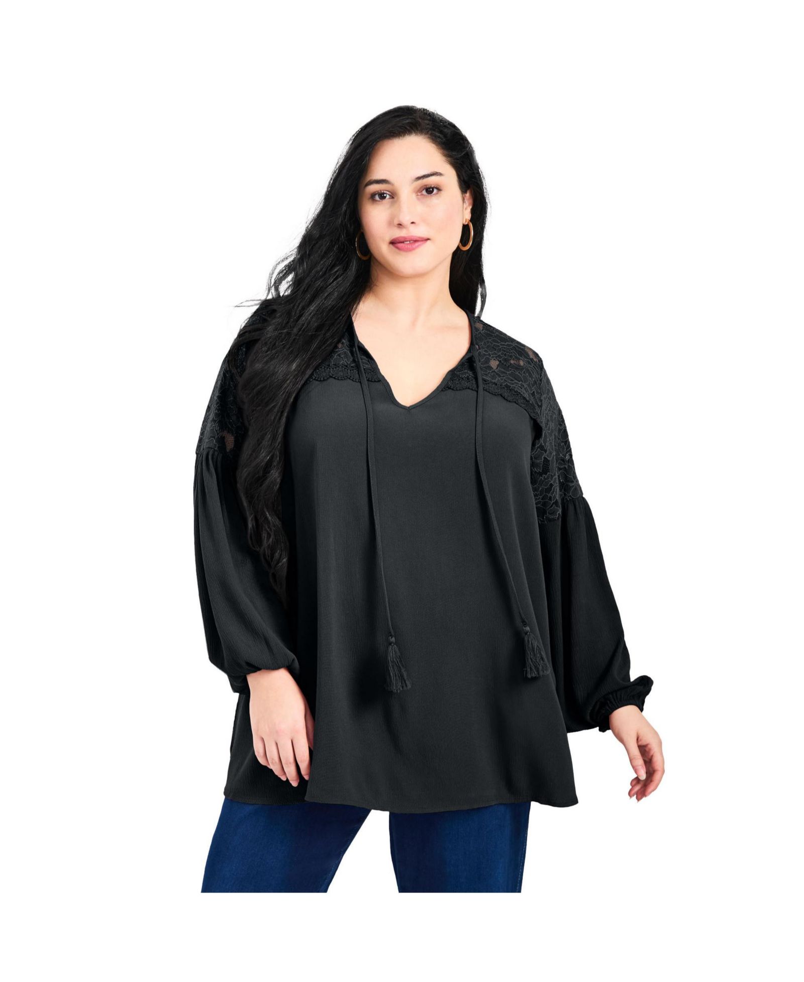 AVENUE Women's Plus Size Marcie Lace Yoke Long Sleeve Top