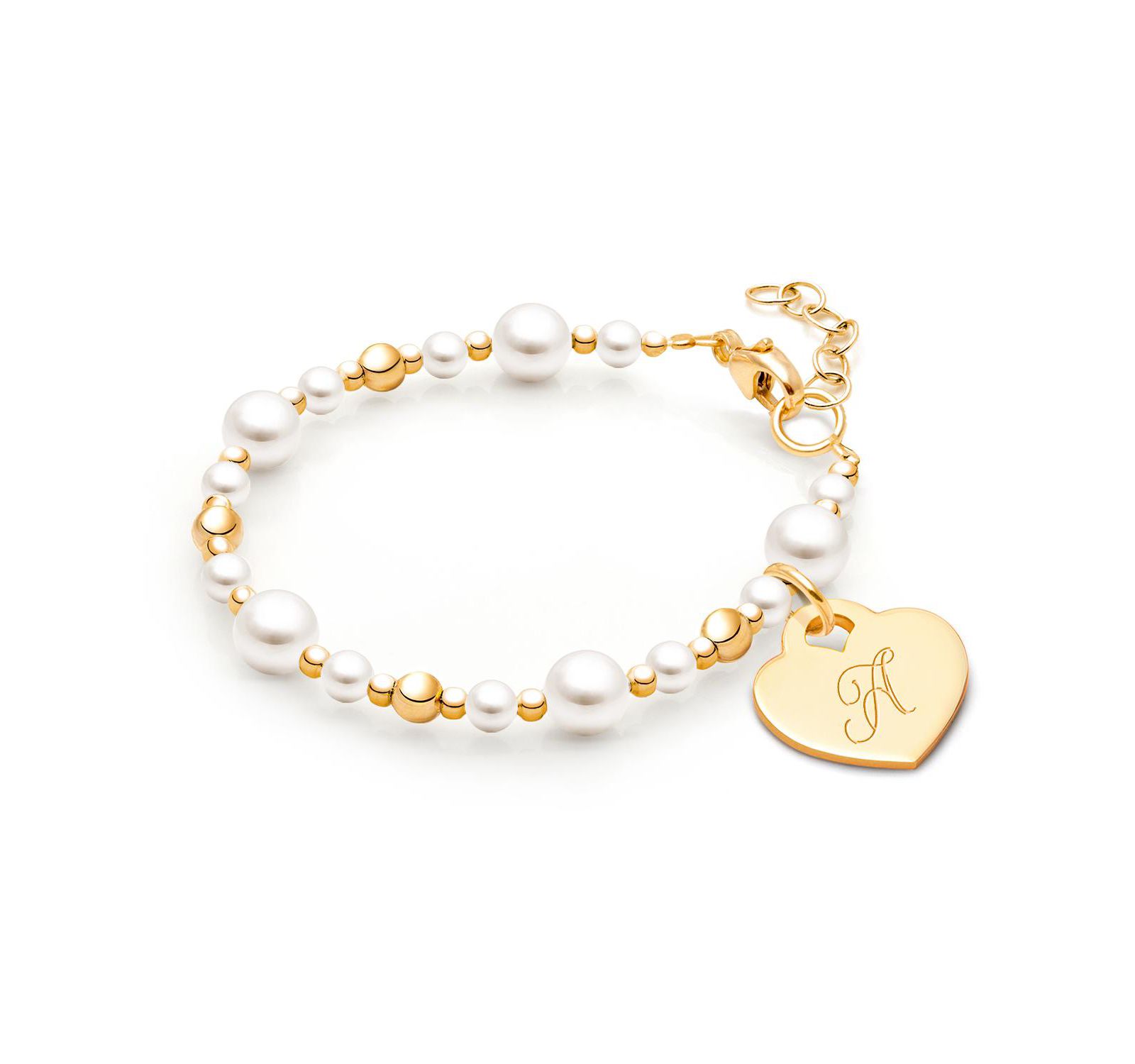 Tiny Blessings 14K Gold Dainty Pearls and Engraved Initial Bracelet