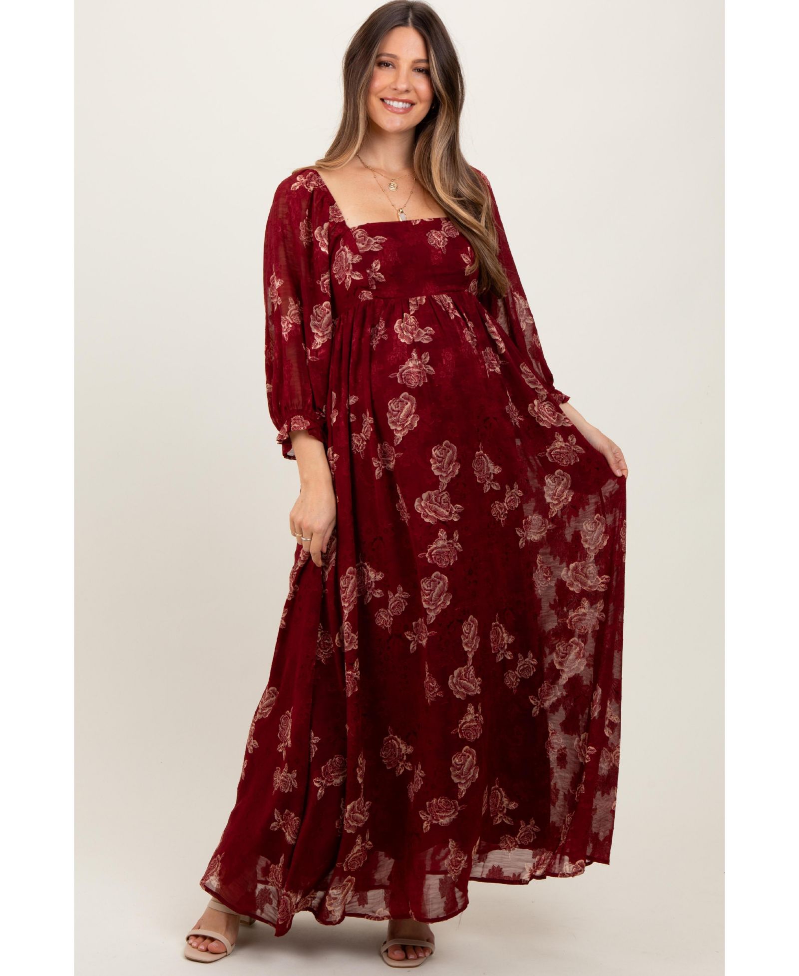 Женское платье Pinkblush Burgundy Multi Floral Textured Peasant Babydoll Maxi