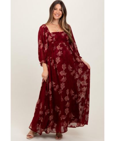 Pinkblush Women's Burgundy Multi Floral Textured Peasant Babydoll Maxi Dress
