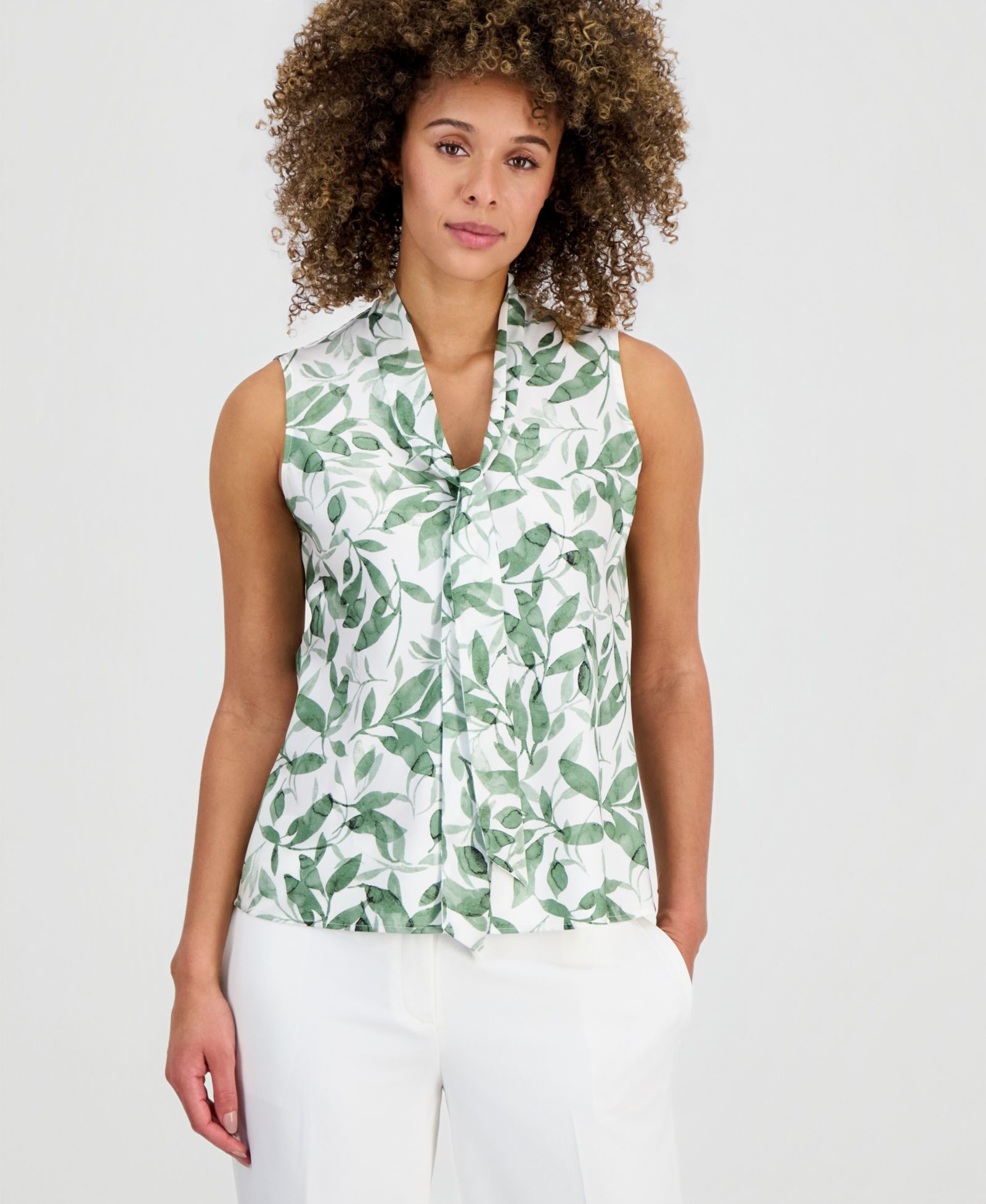 Kasper Petite Women's Printed Tie-Neck Sleeveless Blouse