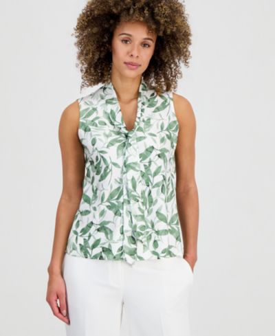 Kasper Petite Women's Printed Tie-Neck Sleeveless Blouse